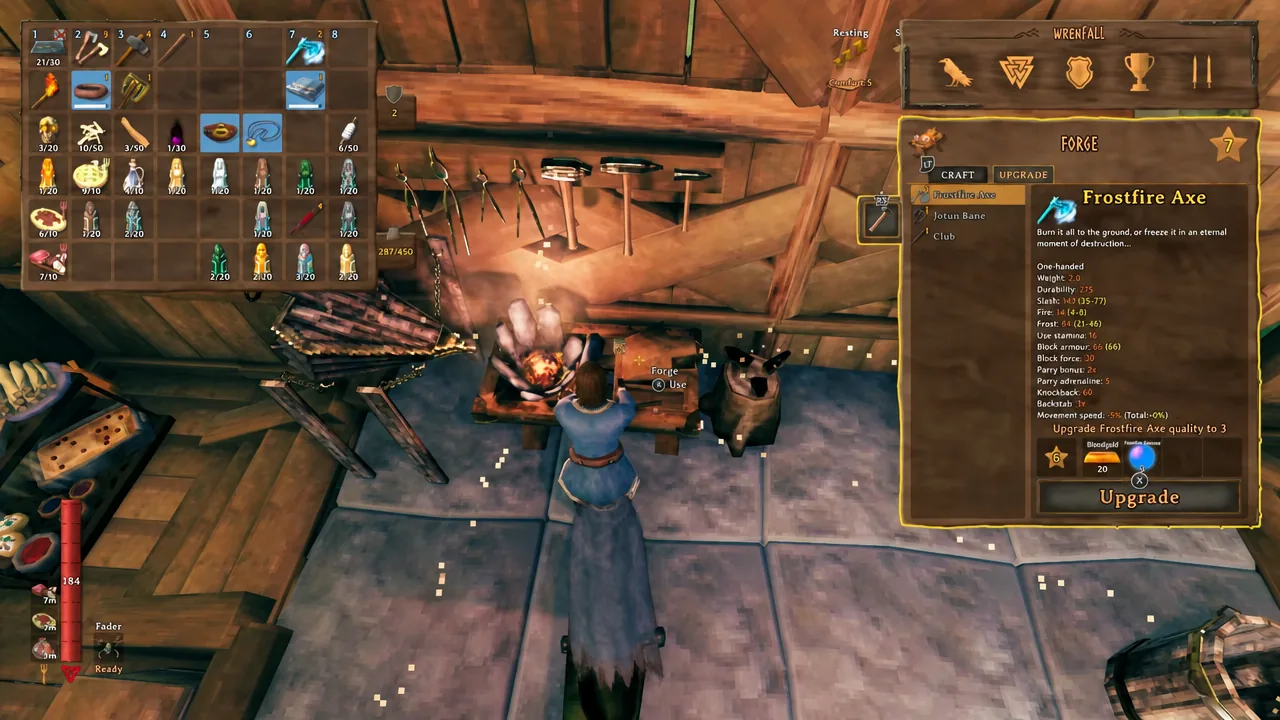 Standard Forge upgrade tab with an axe selected and the Upgrade button ready for quality 3