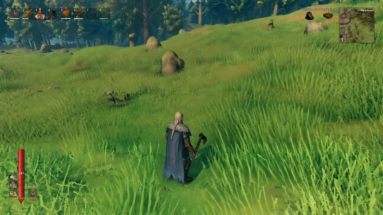 Viking character walking through tall Meadows grass with an axe equipped