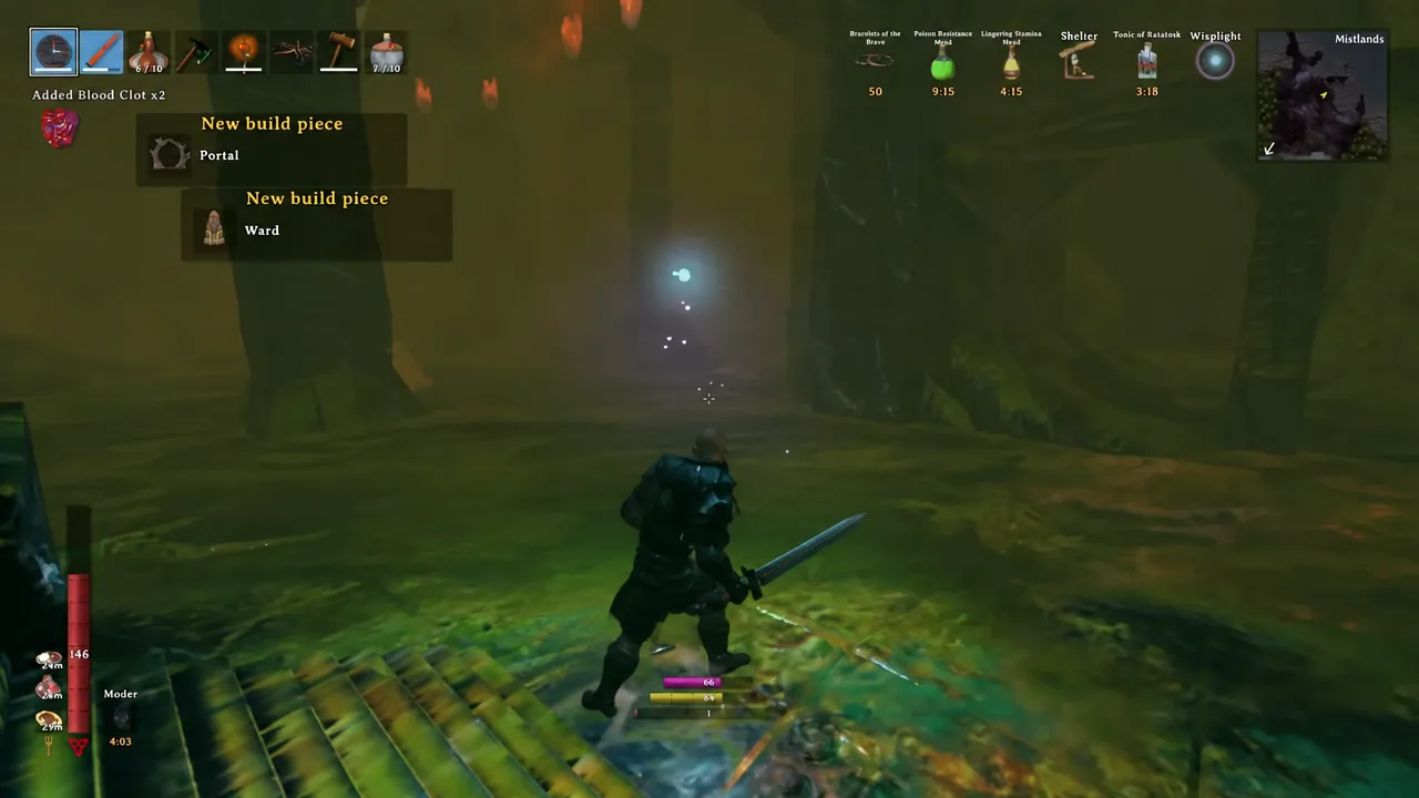 Valheim gameplay with new build piece unlock notifications appearing on screen during exploration
