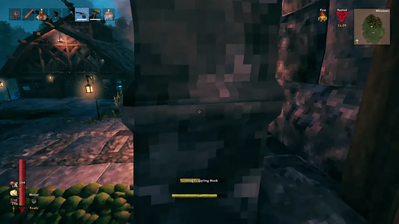 The Grappling Hook equipped in Valheim with the loading progress bar at the bottom of the screen