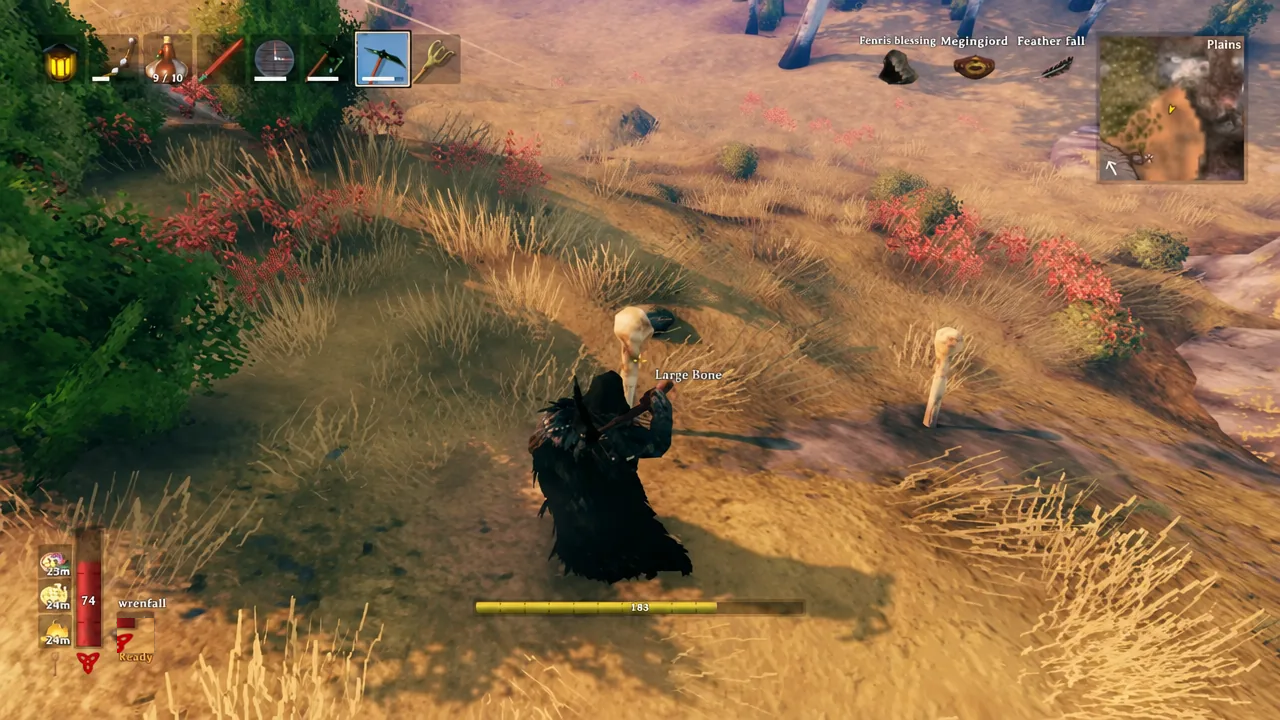 Bow equipped in the hotbar while the player targets a Large Bone on open ground