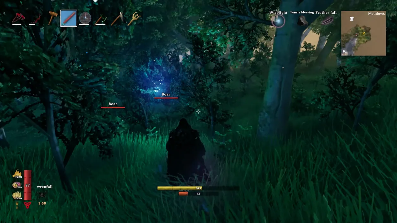 Player aims a red-bladed weapon at two boars grazing in Peaceful Meadows