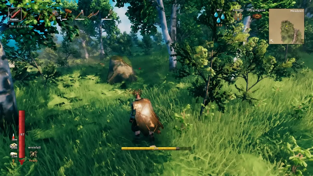 Armored Viking walking through a birch-filled Meadows forest with a weapon drawn