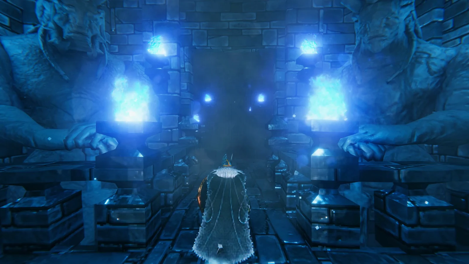 A Viking stands in a blue-lit stone chamber surrounded by glowing braziers and carved statues.