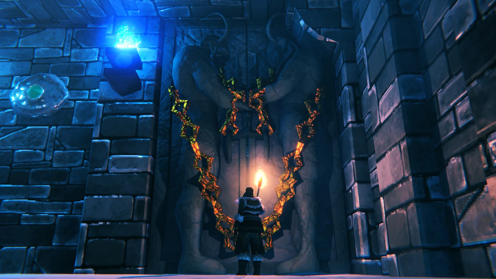 A Viking stands inside a dark stone crypt before a torchlit doorway decorated with hanging roots.