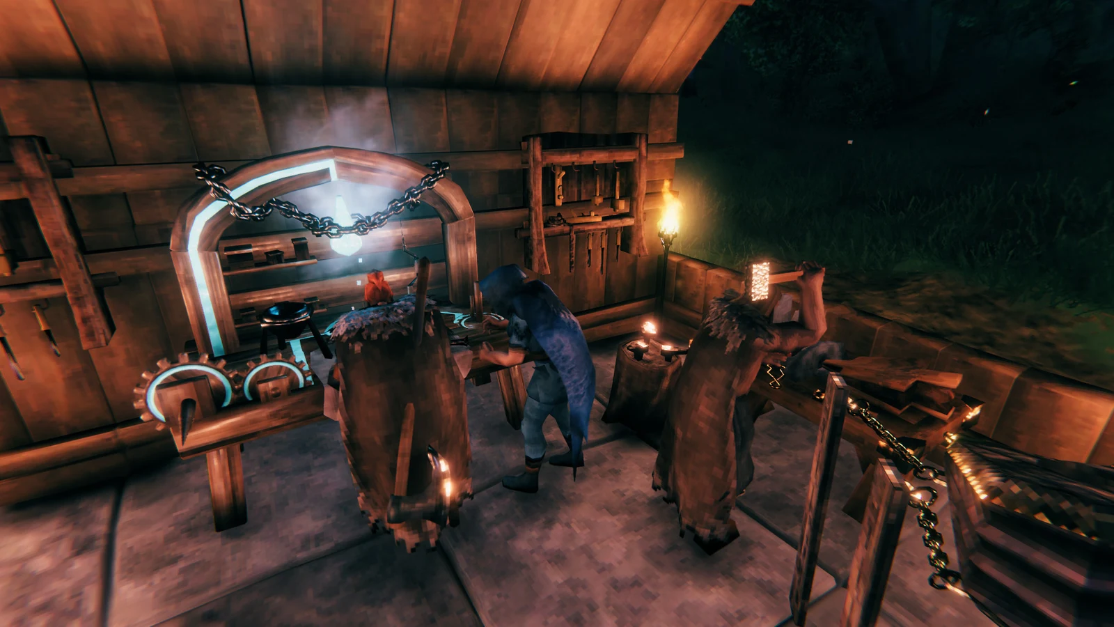 A Viking works at a glowing forge inside a wooden workshop during nighttime.