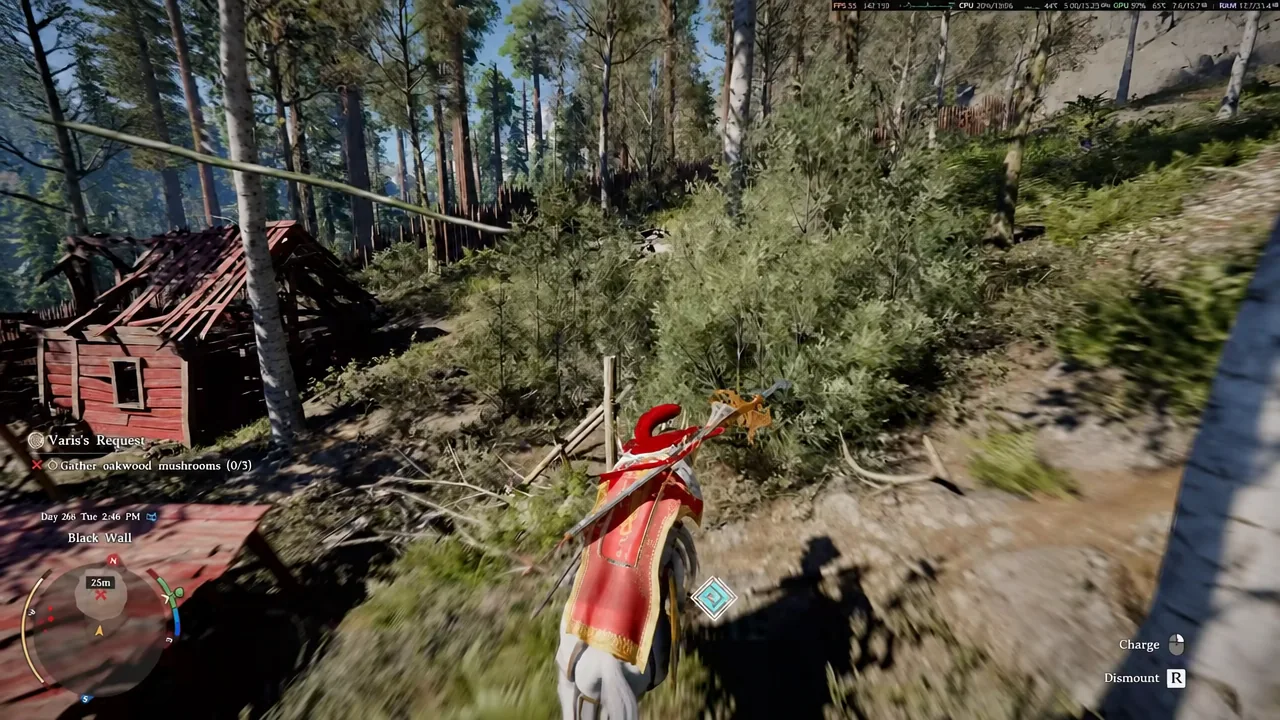Riding the forest trail south of the settlement with the quest tracker visible on screen
