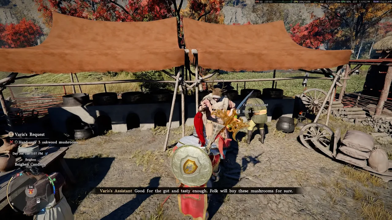 The hand over prompt highlighted while delivering three oakwood mushrooms to the assistant