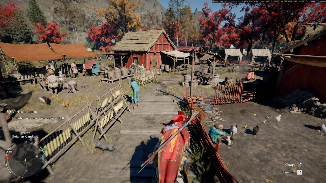 Mounted rider passing through the village with the Varis's Request tracker showing 0 of 3 mushrooms