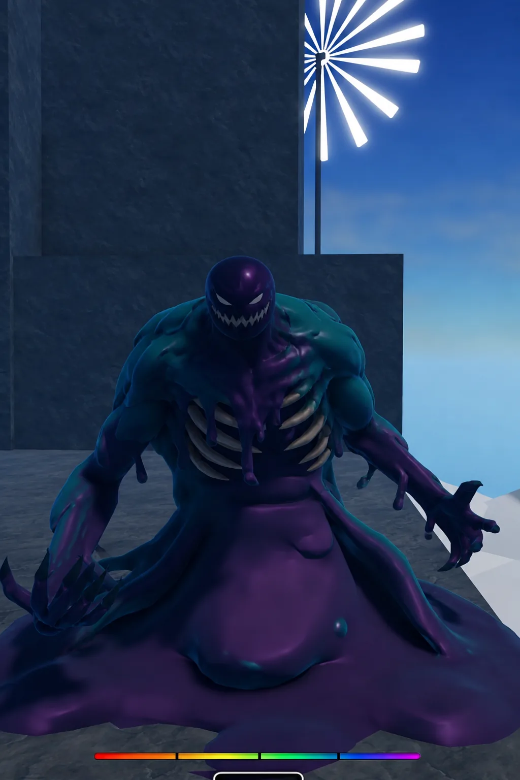 Purple Venom Awakening creature standing in the center of the screen with the status bar below