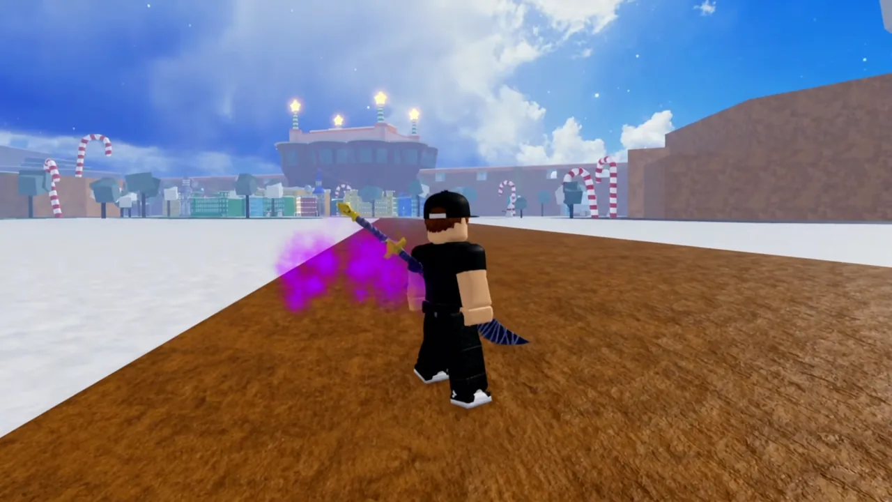 Character swinging a purple-glowing sword while running through a snowy area
