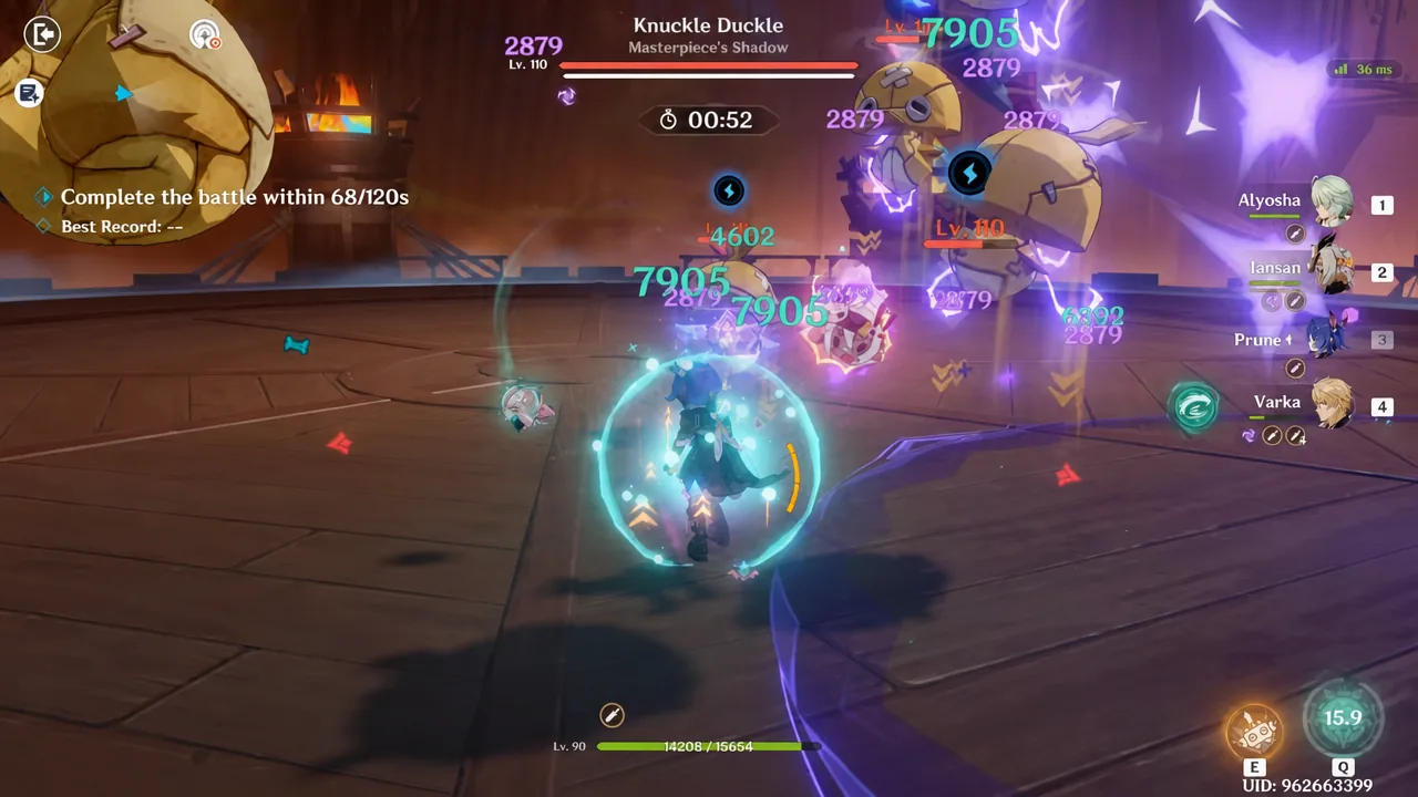 Knuckle Duckle fight in progress with the battle countdown showing 52 seconds elapsed