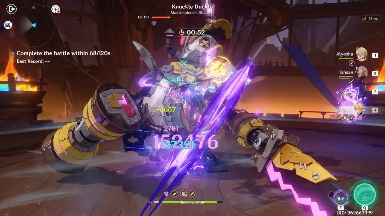 Player attacking Knuckle Duckle with 68 of the 120 available seconds already spent