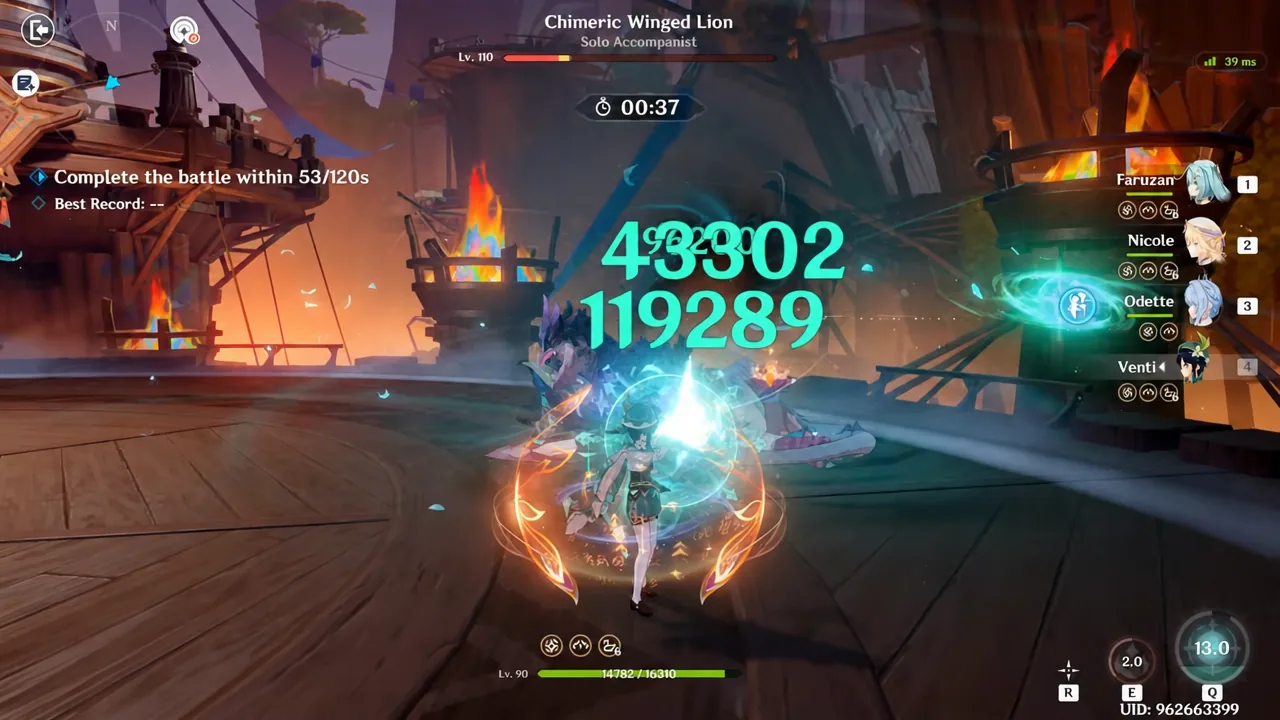 Chimeric Winged Lion taking damage on Dire as the battle timer counts up past 37 seconds