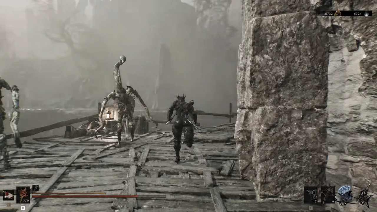 Player crossing a wooden bridge toward a skeletal enemy on the Road to Absolution