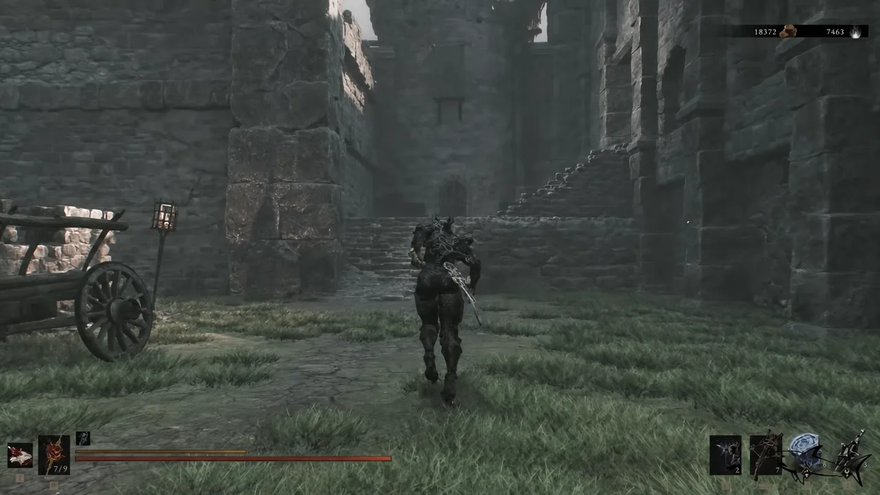 Armored character approaching the stone staircase inside Castigator's Keep