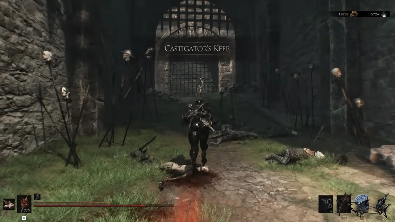 The barred gate of Castigator's Keep ahead of the player character