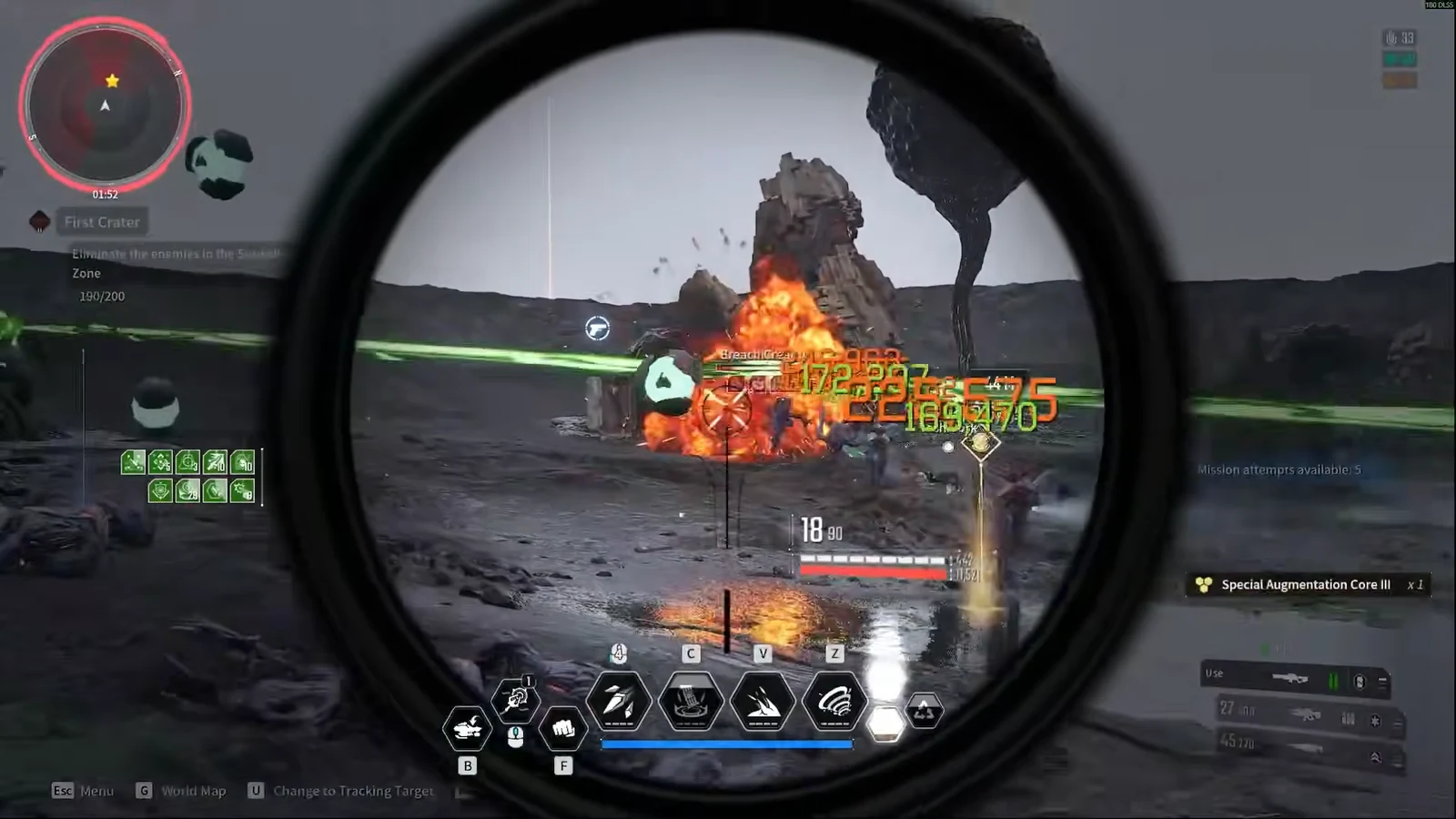 Viessa aims down a rifle scope during the First Crater mission, clearing enemies toward 200 kills