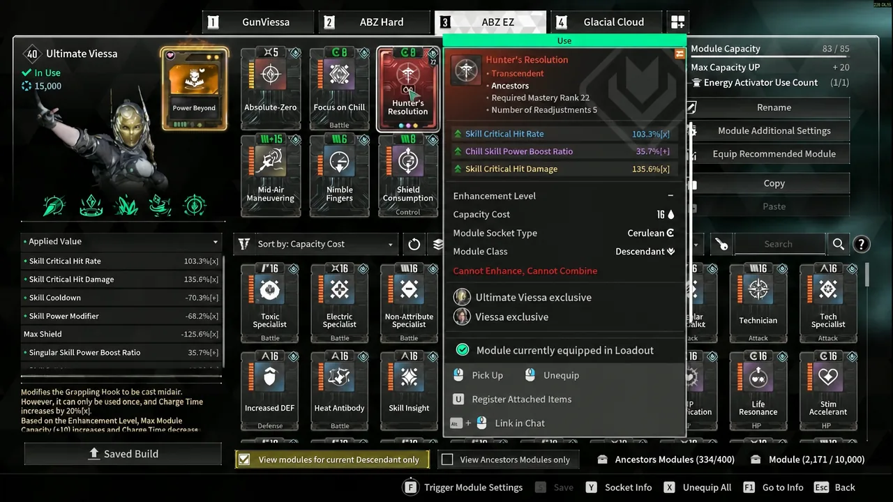 Ultimate Viessa module screen showing Hunter's Resolution selected with its details visible