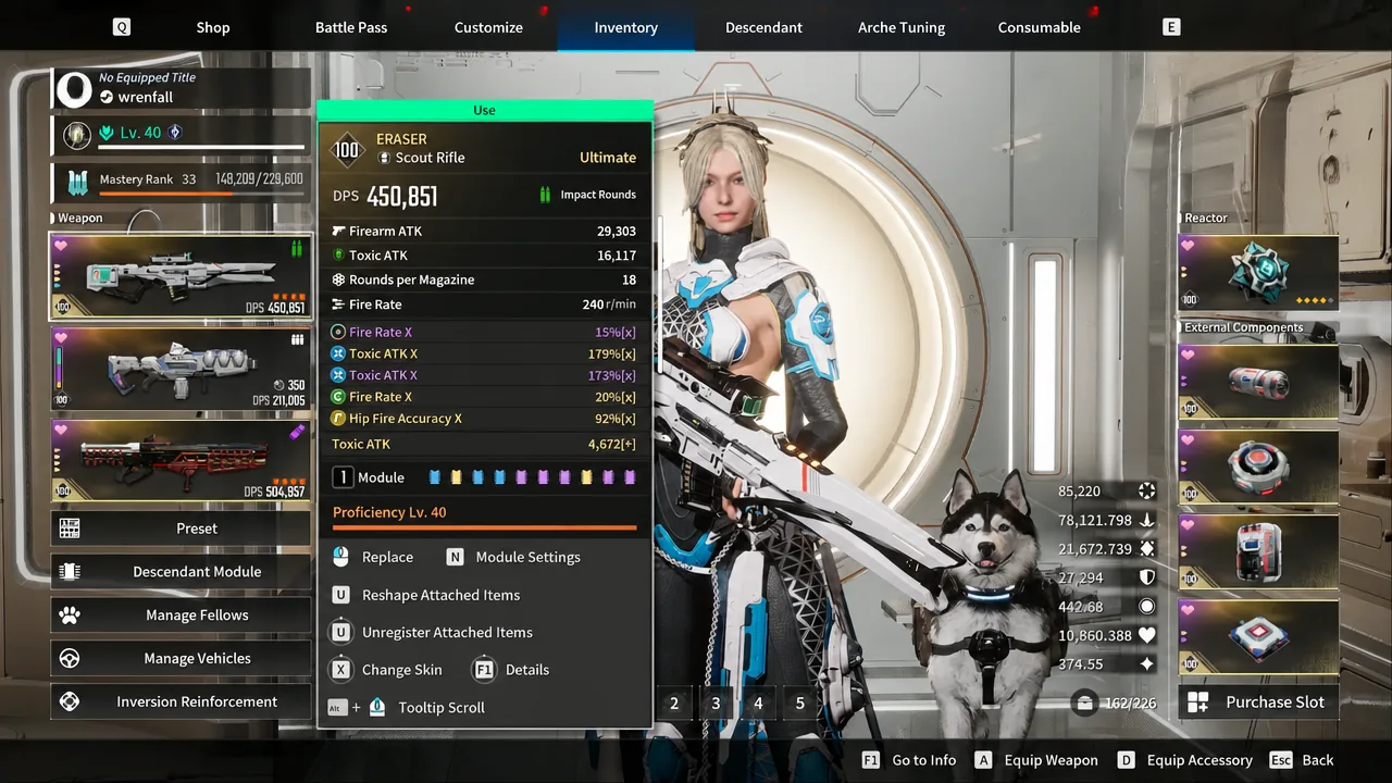 Inventory screen with the Eraser Scout Rifle selected and its details panel open