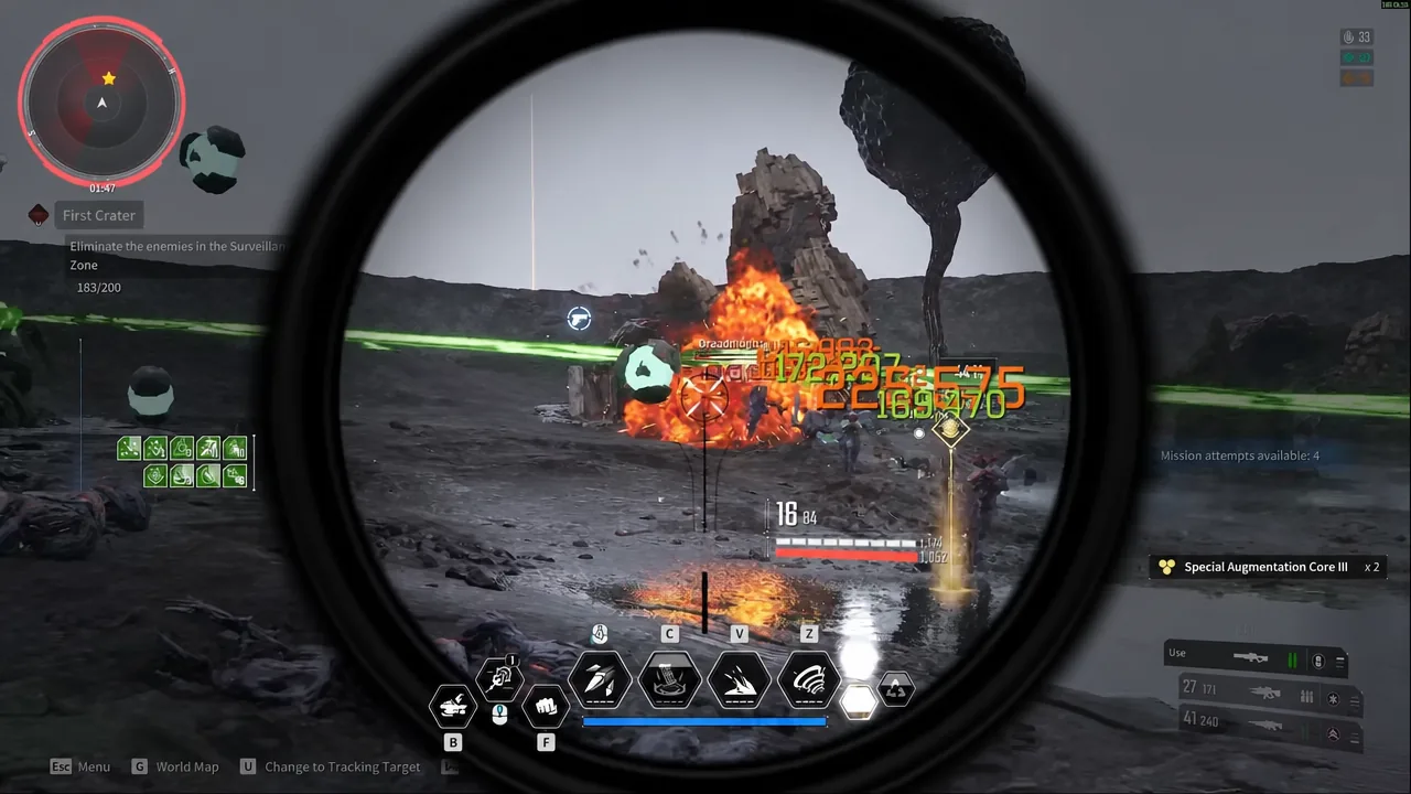 Viessa aims down a rifle scope during the First Crater mission, clearing enemies toward 200 kills