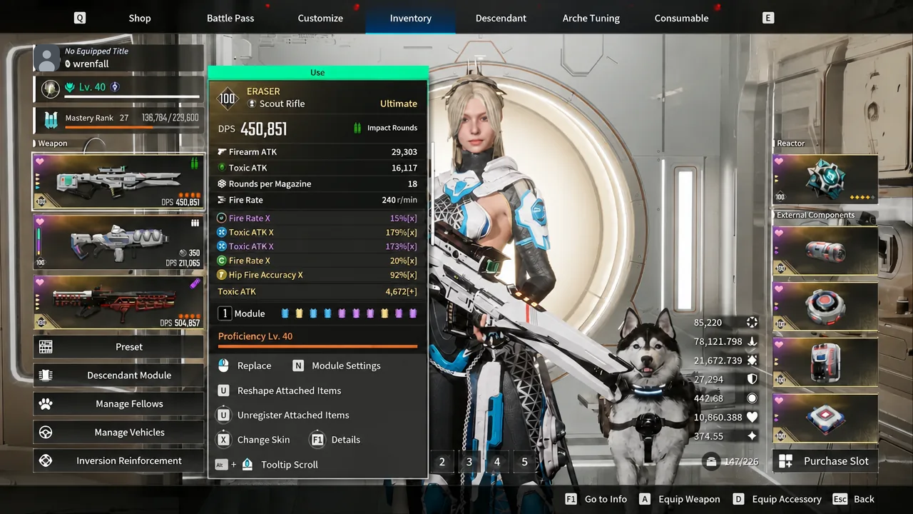 Inventory screen with the Eraser Scout Rifle selected and its details panel open