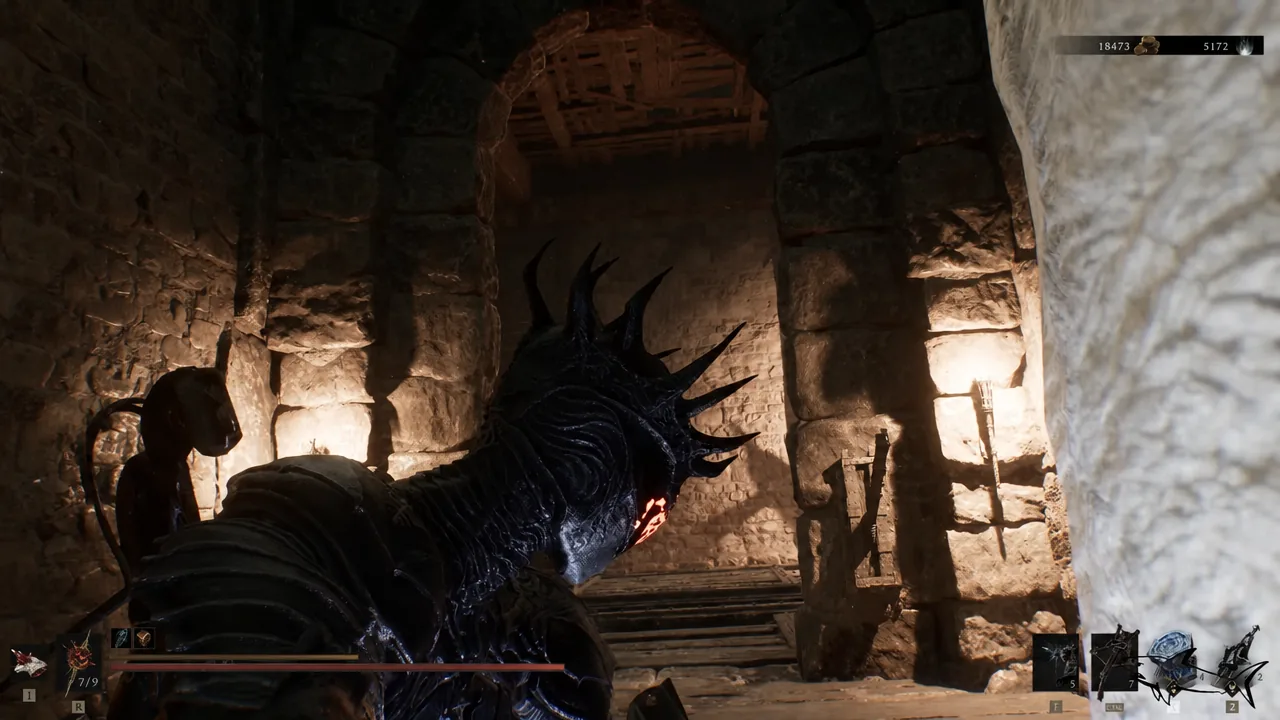 Armored Harbinger walking down a torch-lit stone passage inside Viletongue's Domain