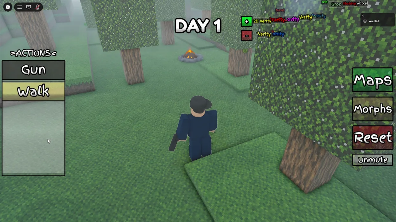 Player walking through the forest with WALK selected in the ACTIONS menu