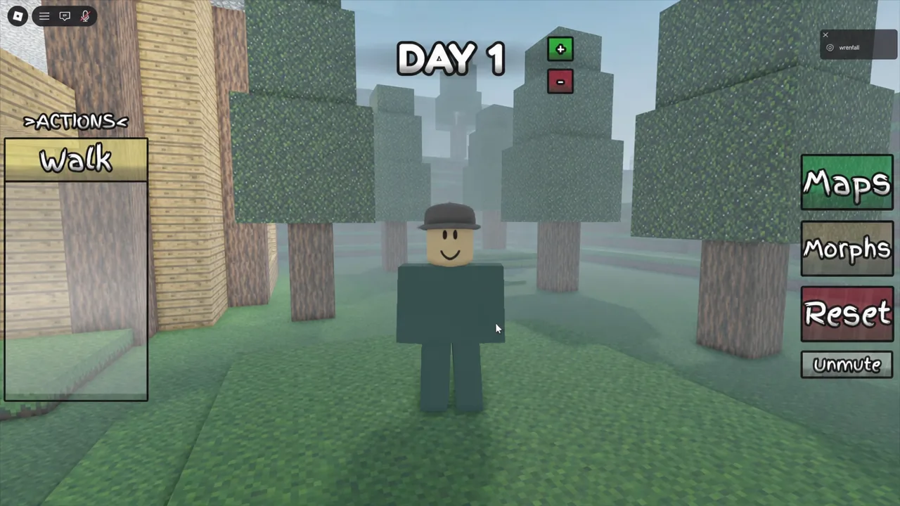 Actions panel in 3D Verity RP with the Walk button highlighted on the Day 1 screen