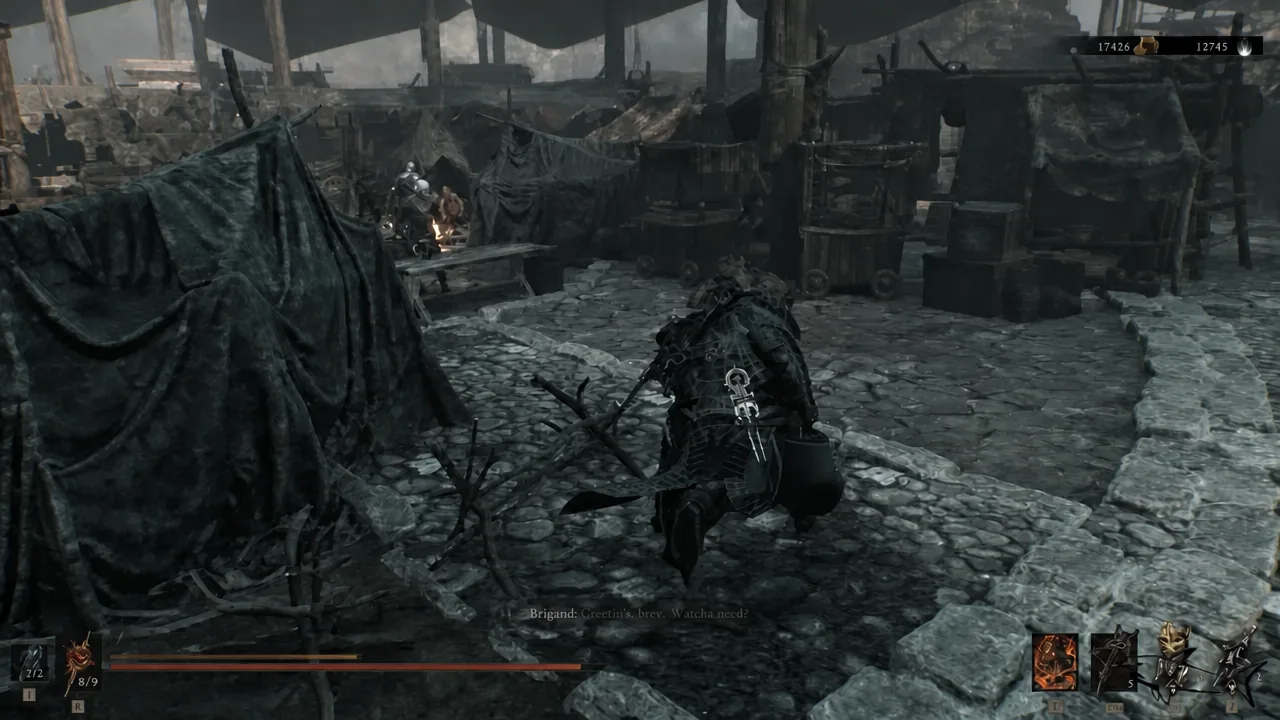 The Harbinger crouches in the ruined bandit market at Lonesome Spire with an enemy standing ahead.