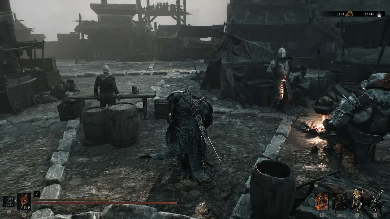 The Harbinger stands facing an NPC in the settlement with health, Gloom, and equipment counters on screen.