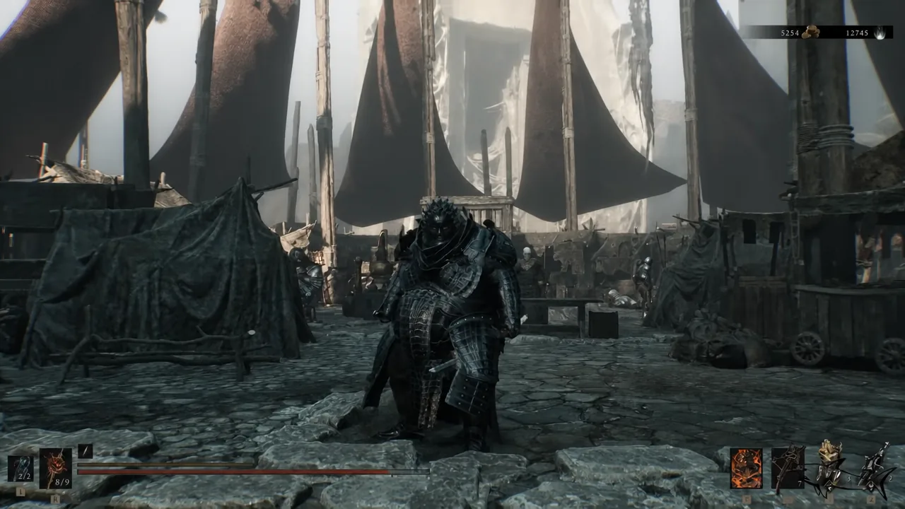 The Harbinger stands in the emptied bandit camp after Vlas escapes, with loot left on the ground.