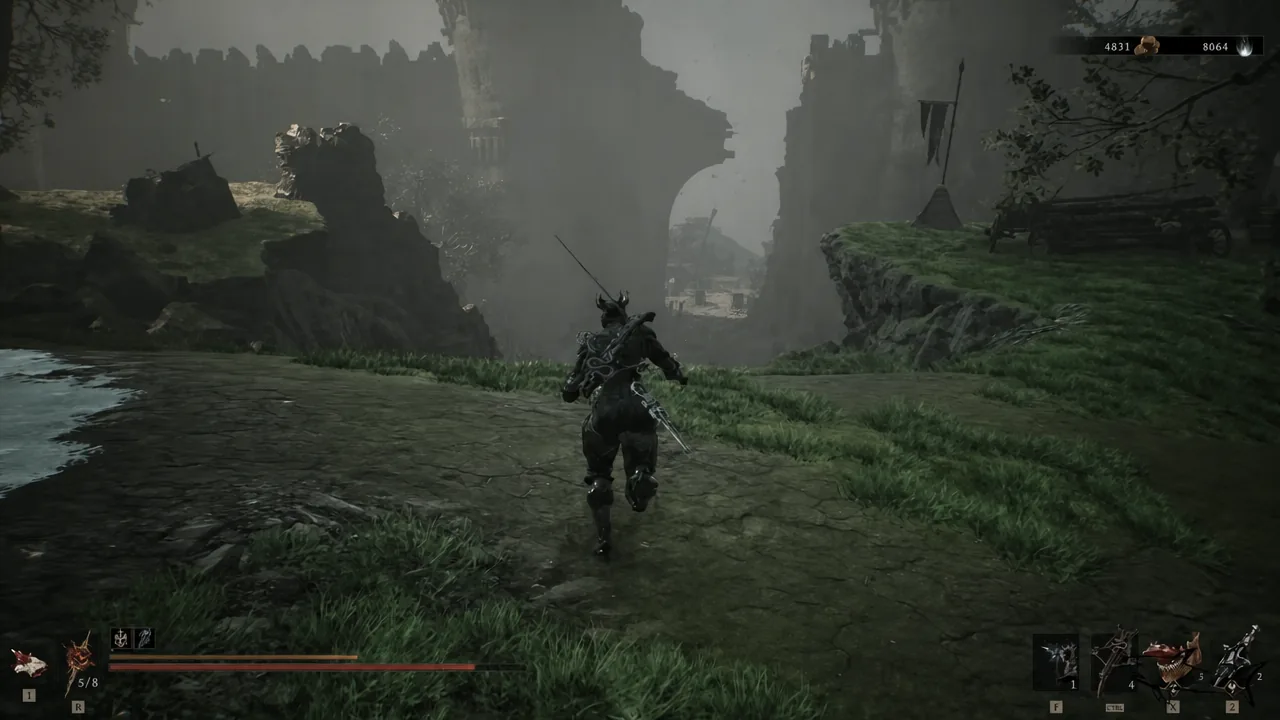 The Harbinger runs along a ruined stone path south of the Outskirts of Mammon Beacon toward Vlas.