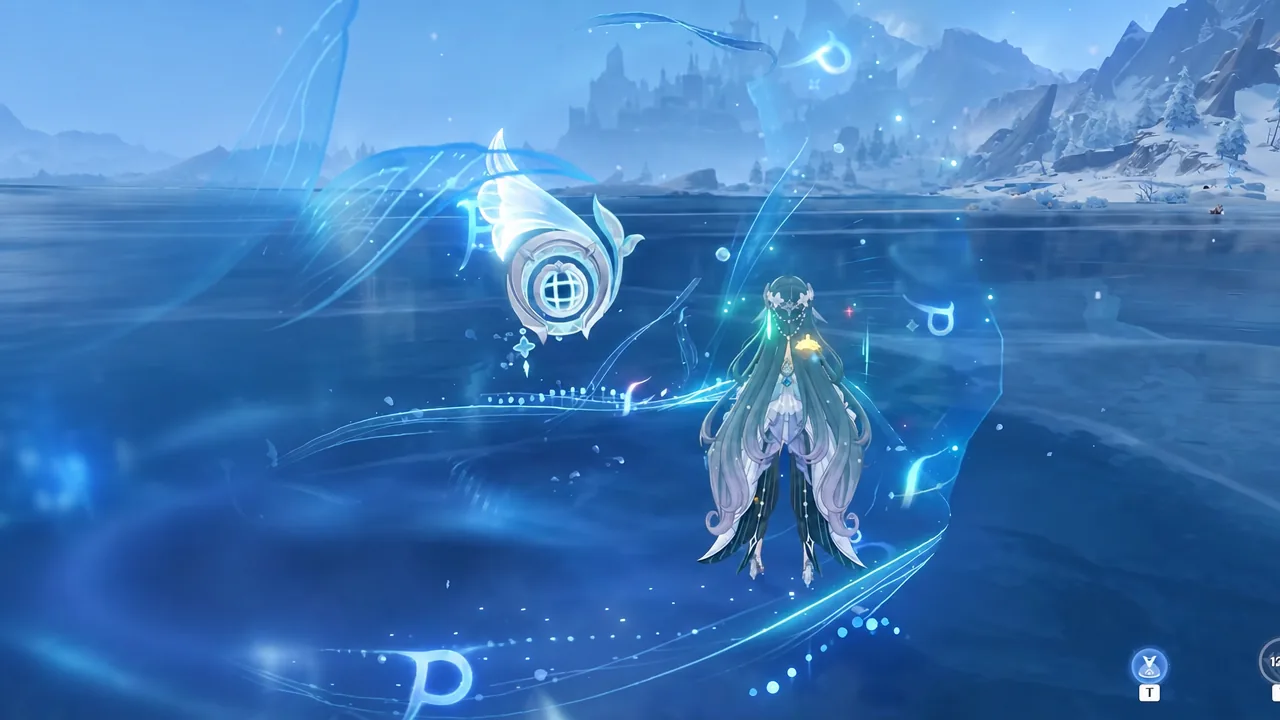 Vodyanitsa casting her Elemental Skill in combat as a glowing orb forms beside her