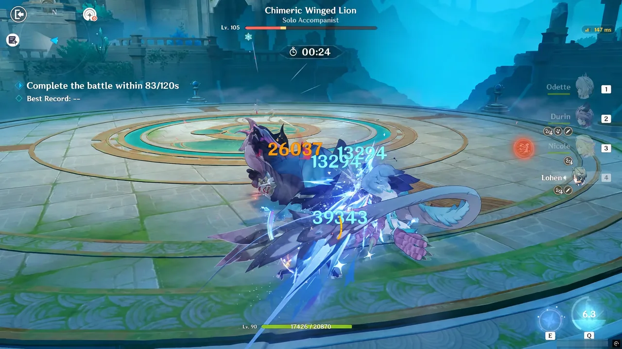 Chimeric Winged Lion boss taking damage with a 24 second timer on screen