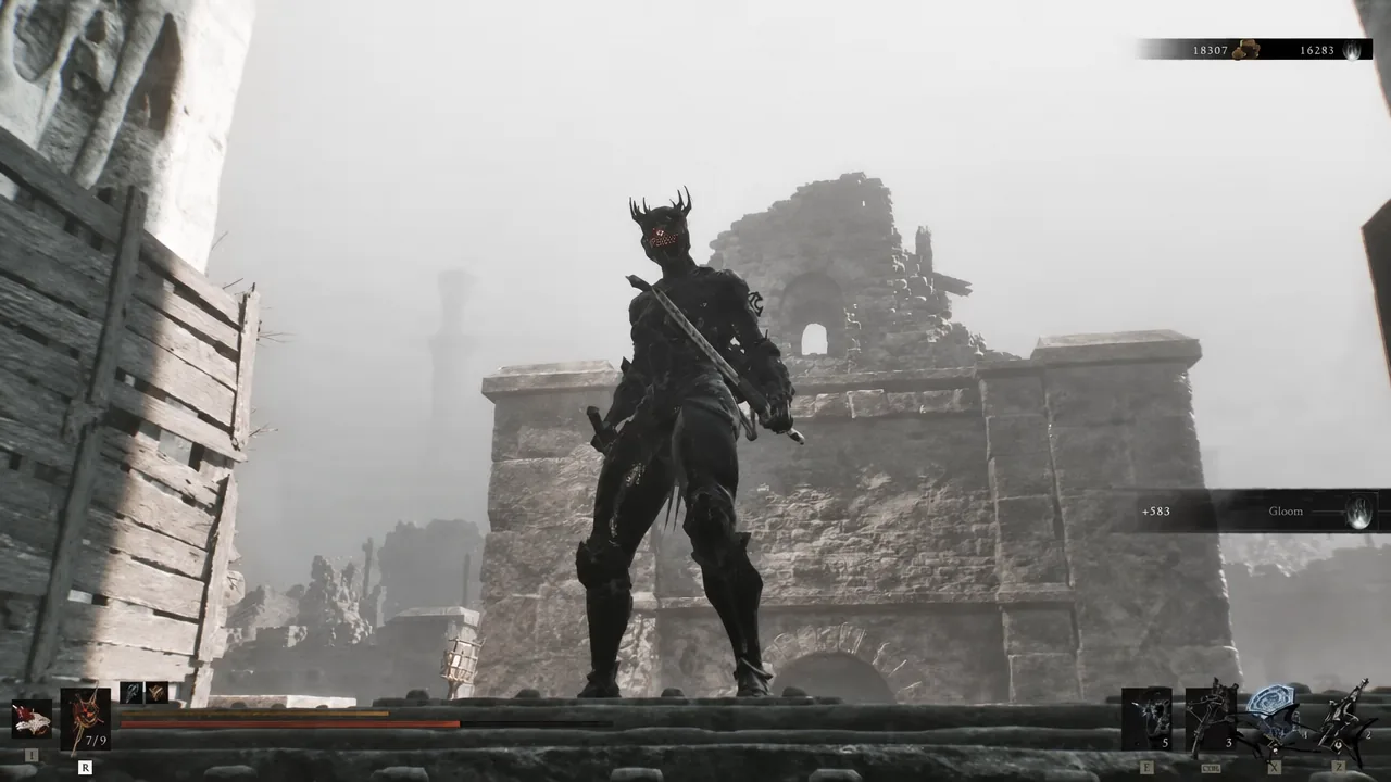Horned enemy squaring up against the player amid the pale ruins of the Vestige of Infinity