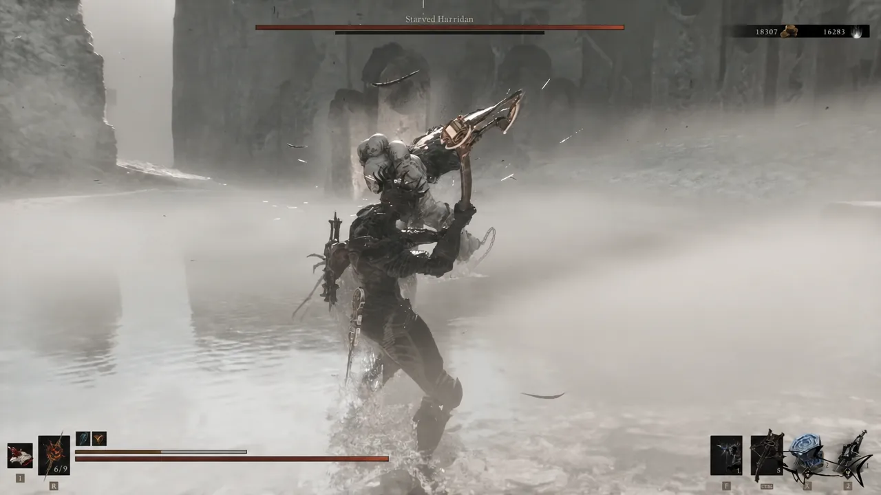 Starved Harridan health bar on screen as the player swings a raised weapon at the boss
