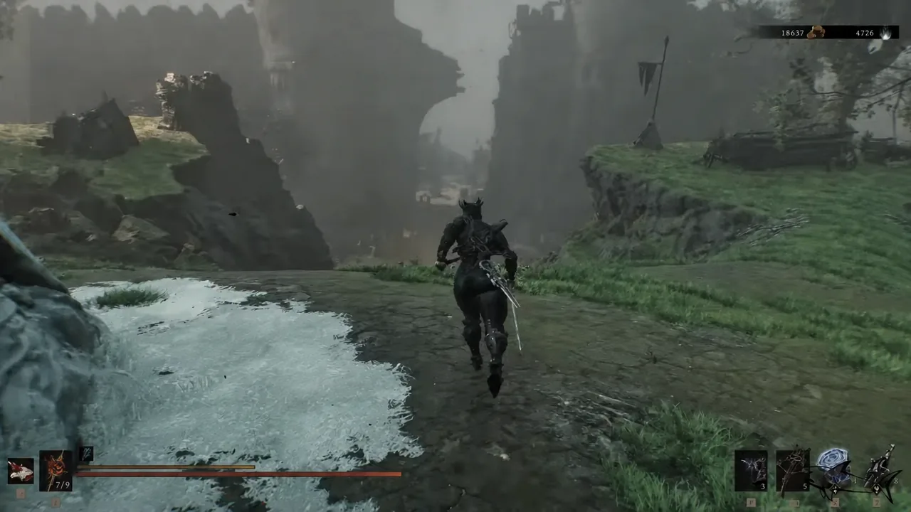 Armored Harbinger sprinting along the open path south toward the Road to Absolution