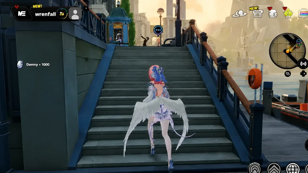 Player character climbing a flight of stairs in Vyrium District on the way to the alley