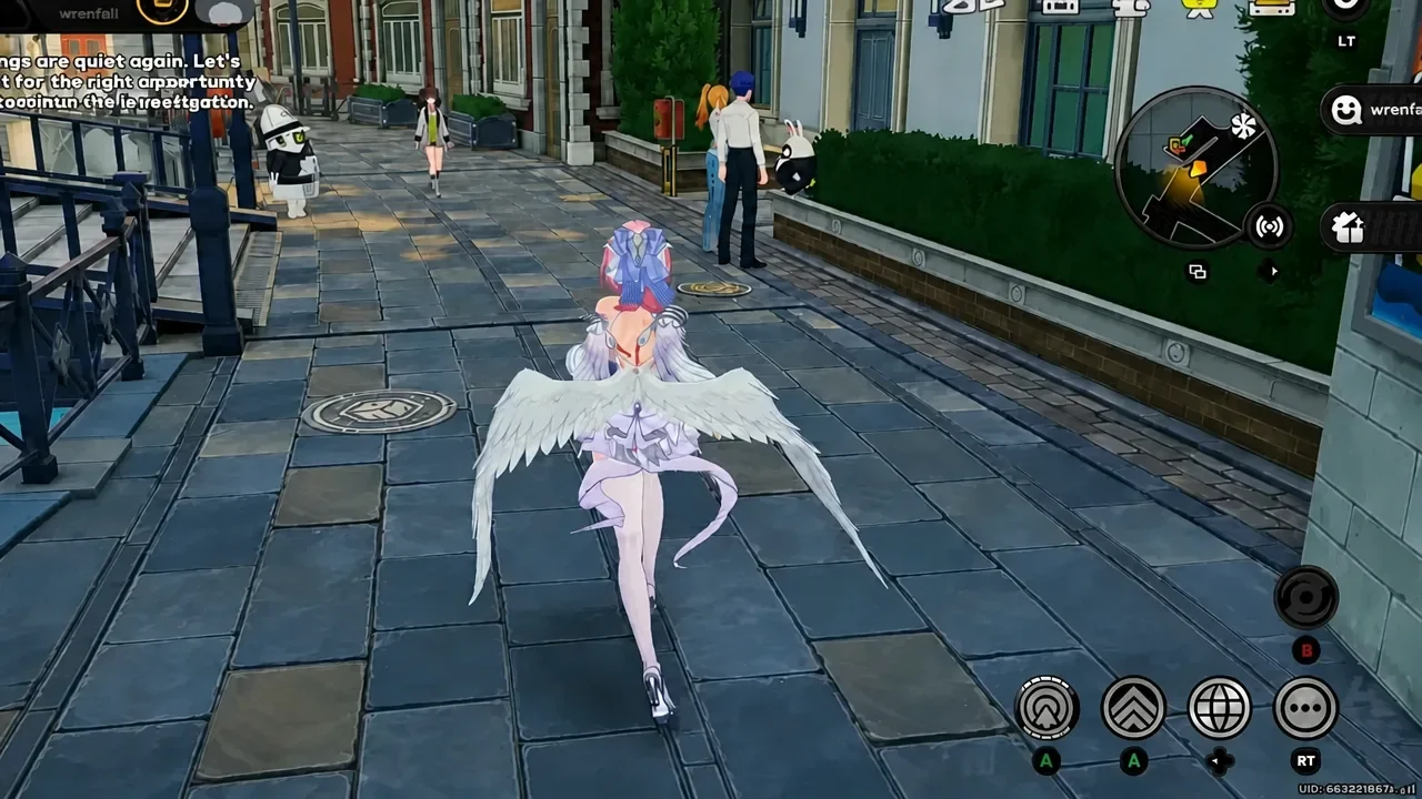 Player character running down a Vyrium District walkway toward the waterfront past NPCs