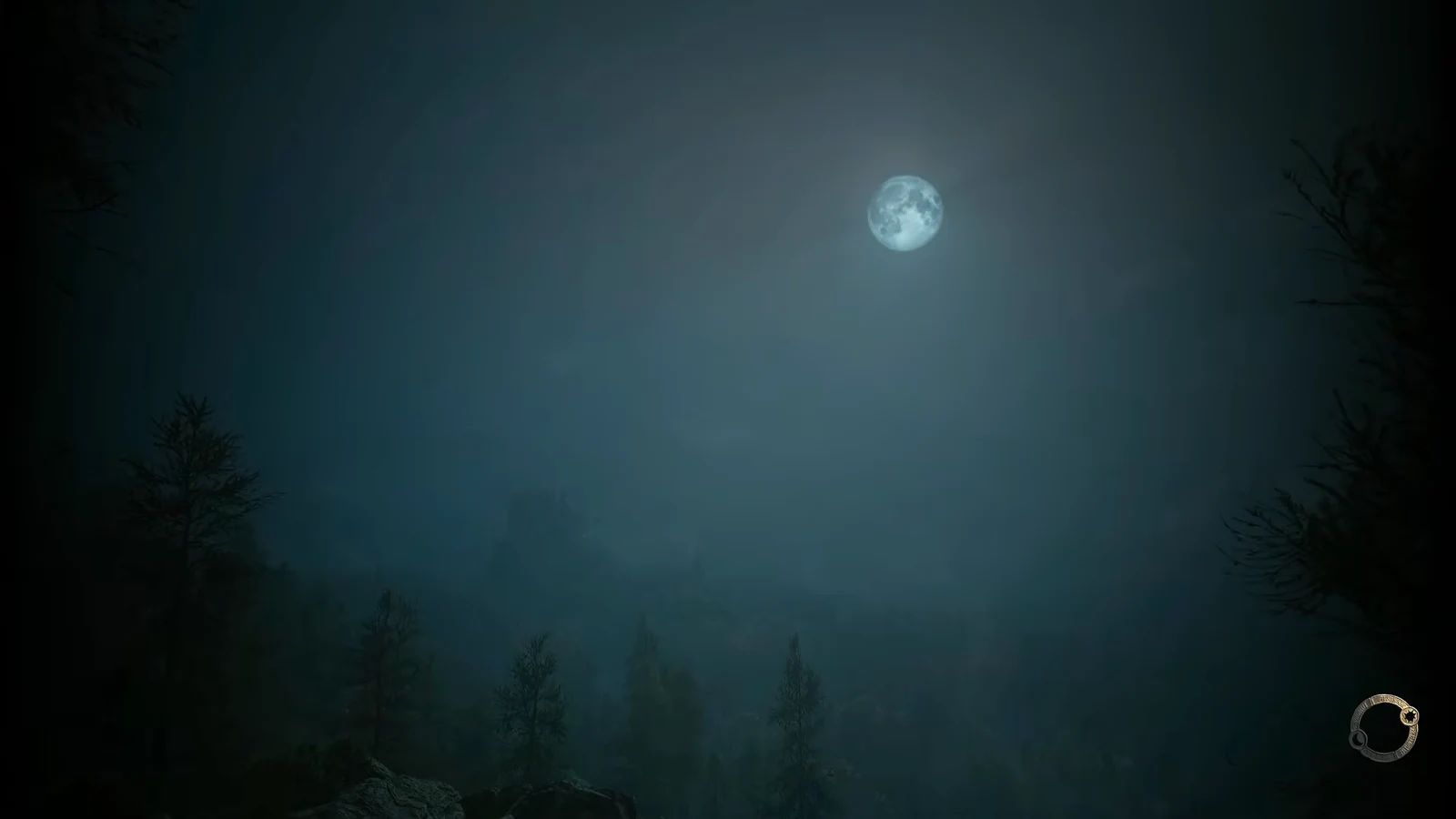 Moonlit forest transition screen with a circular loading indicator in the lower right corner