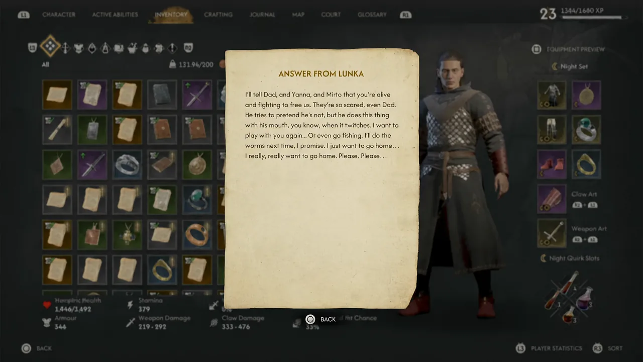 Inventory screen with the Answer From Lunka note open and being read