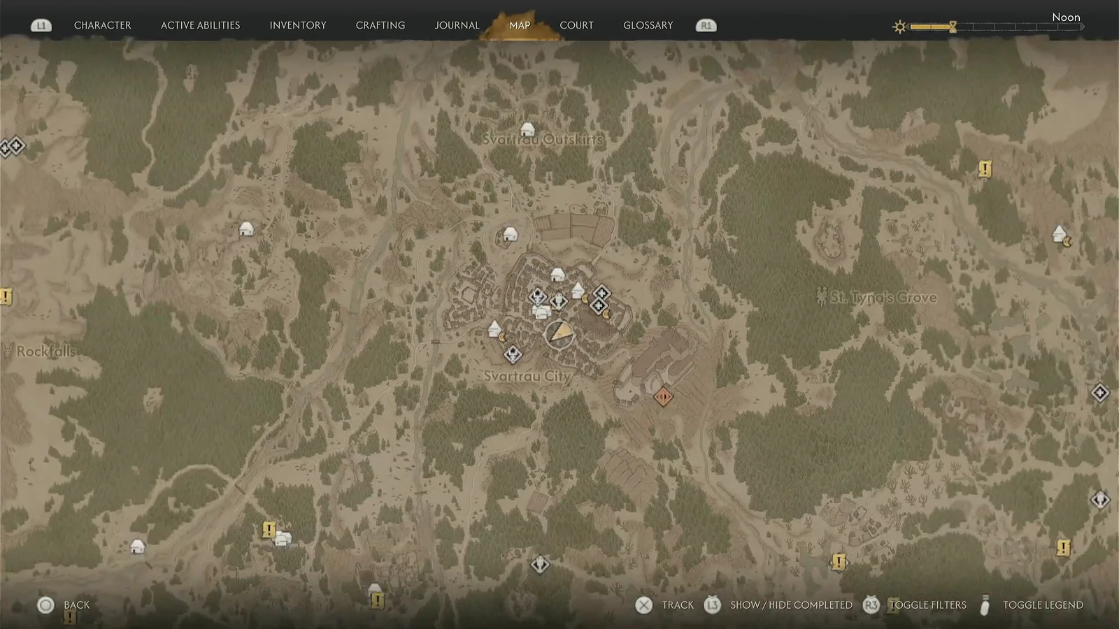 World map opened on Svartrau City with the Silberstein fast travel marker selected