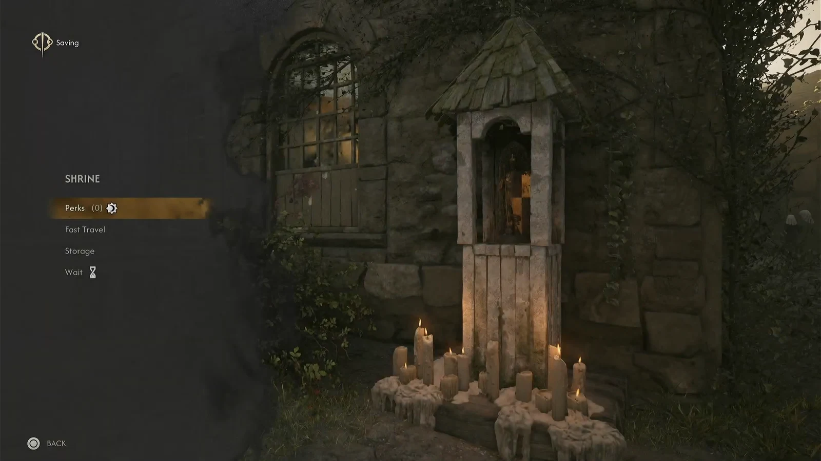 Shrine interaction menu open with the Perks entry highlighted while the game saves
