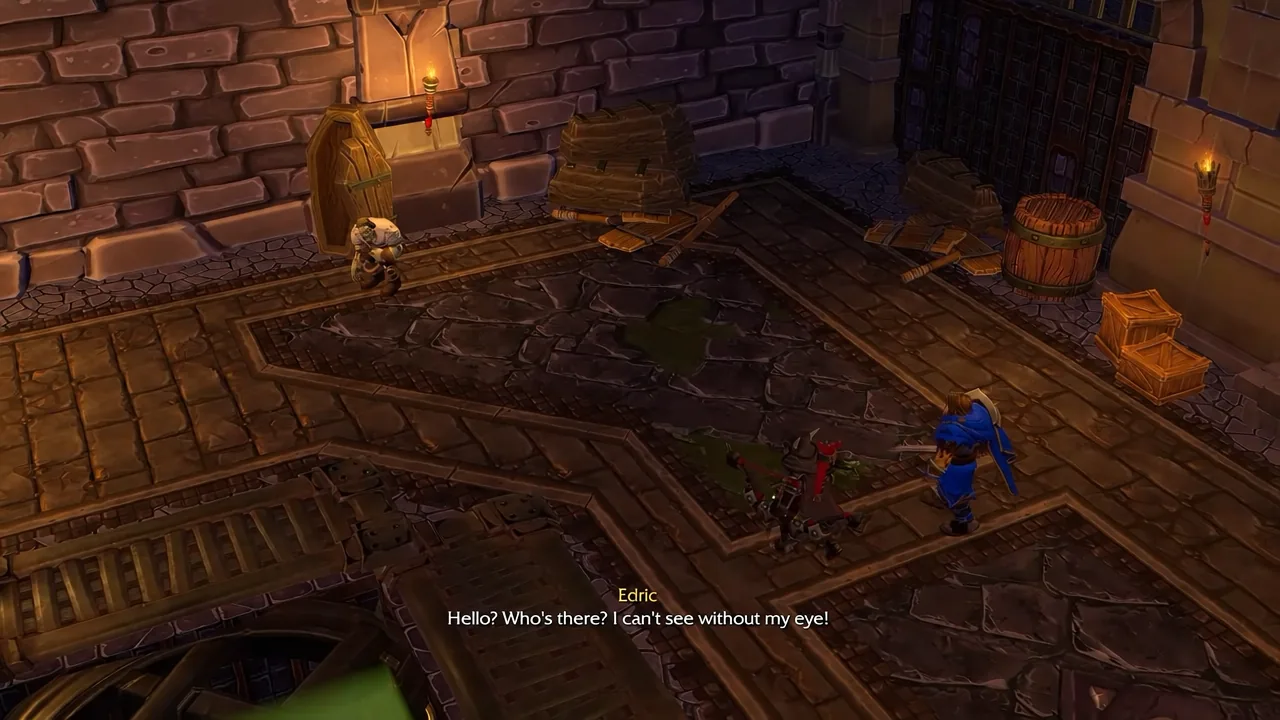 Edric calls out in the sewers with the subtitle about not being able to see without his eye