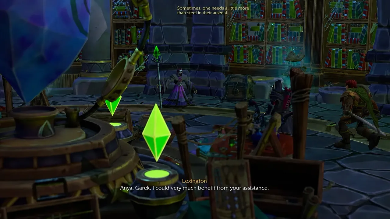 Undead mage briefing Anya and Garek on the arcane vault, with green markers on nearby objects