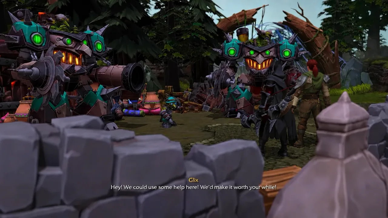 Glix the goblin engineer asks for help recovering his stolen stock in a dialogue scene