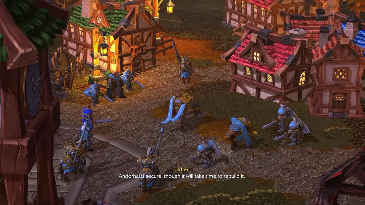 Uther addresses assembled soldiers as he declares Andorhal secure