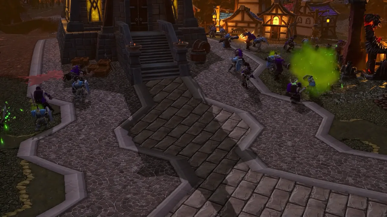 Heroes fight through the Andorhal town square as green magic erupts around them