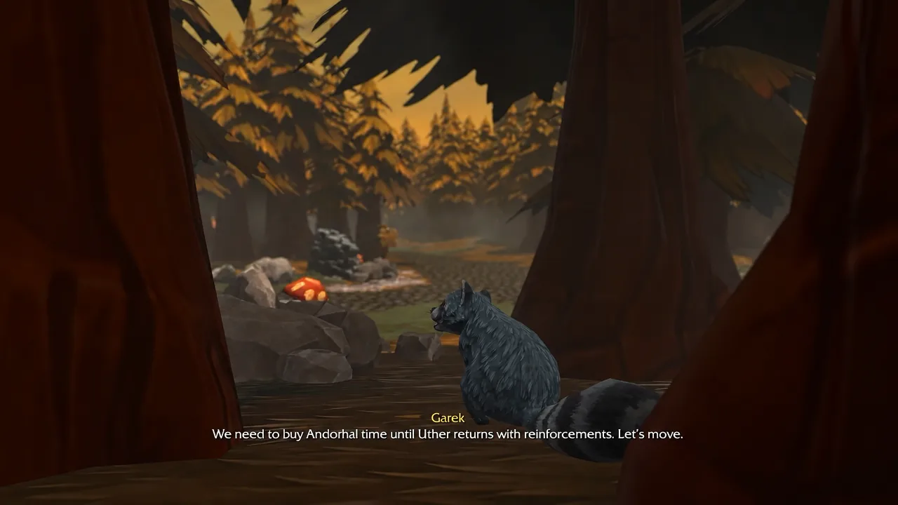 Garek speaks to his footmen in a forest cutscene outside Andorhal